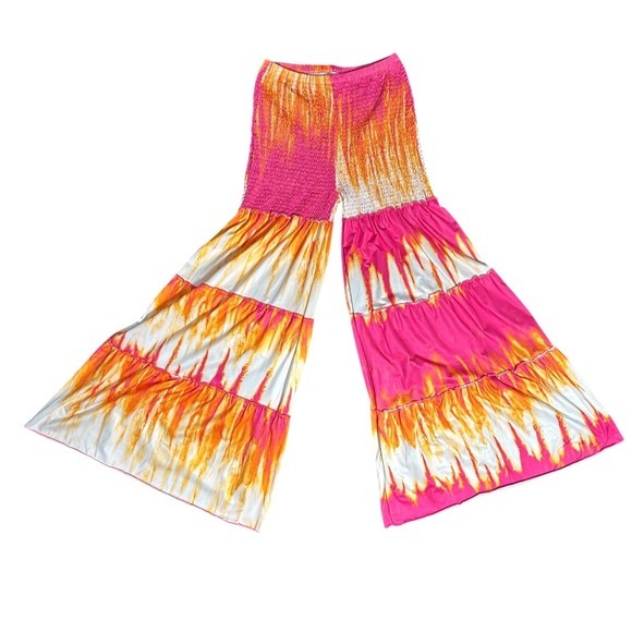 Unbranded Women Medium Tie Dye Palazzo Pants Boho Festival Wide Leg Smock Waist - Picture 3 of 7